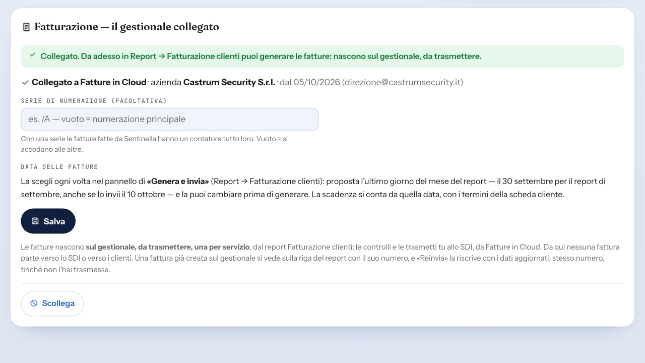 Il riquadro Fatturazione di Dati azienda in Sentinella: collegato a Fatture in Cloud per l'azienda dimostrativa, con la serie di numerazione facoltativa, la data delle fatture e il tasto Scollega