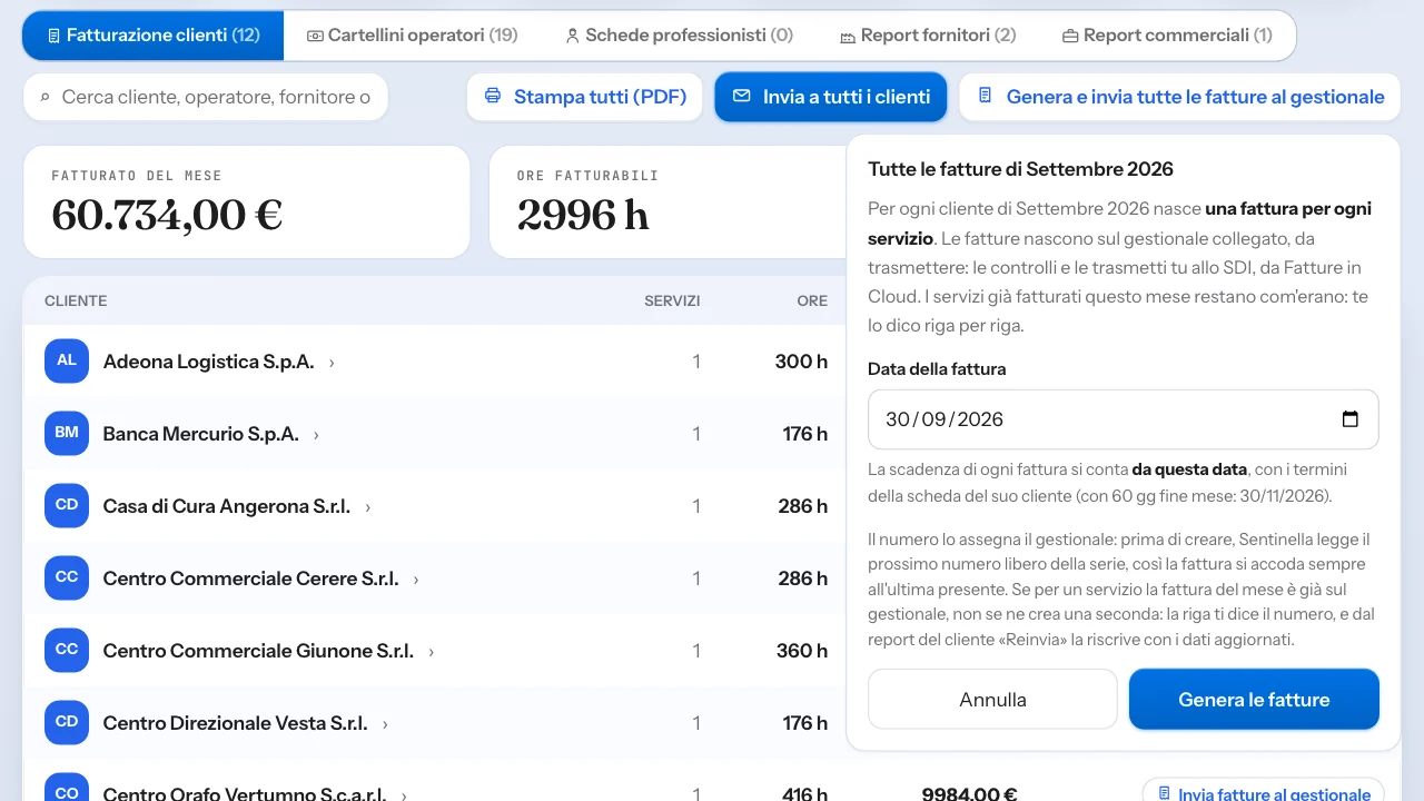 Il report Fatturazione clienti di settembre in Sentinella con il pannello per generare tutte le fatture del mese: la data proposta è il 30 settembre