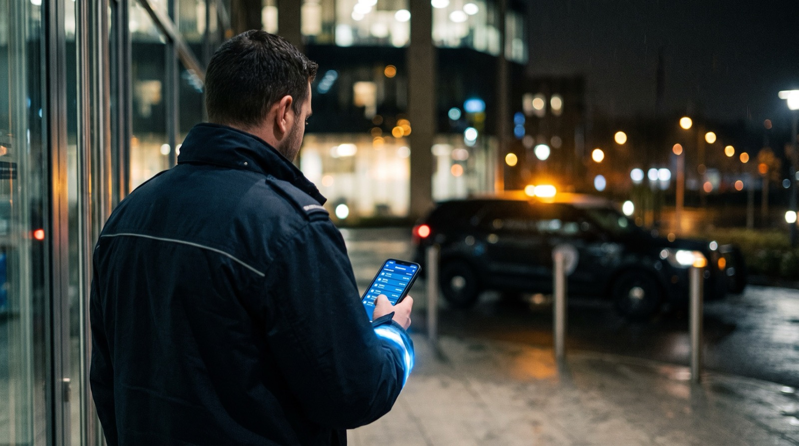 Operatore di vigilanza in servizio notturno davanti a un edificio, con i turni della settimana aperti sullo smartphone