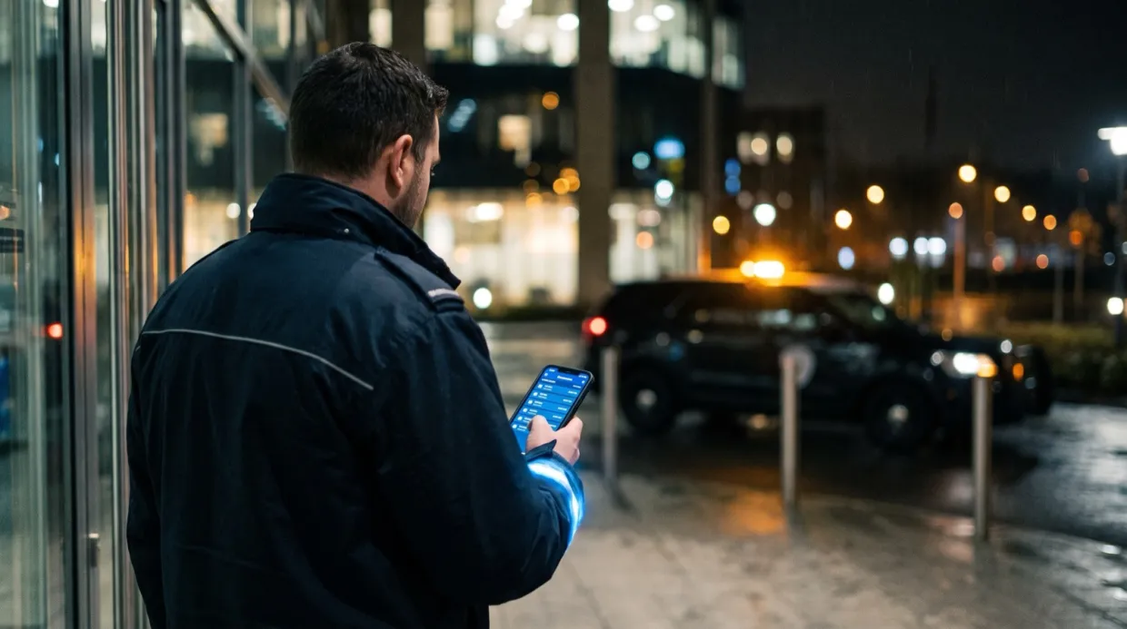 Operatore di vigilanza in servizio notturno davanti a un edificio, con i turni della settimana aperti sullo smartphone